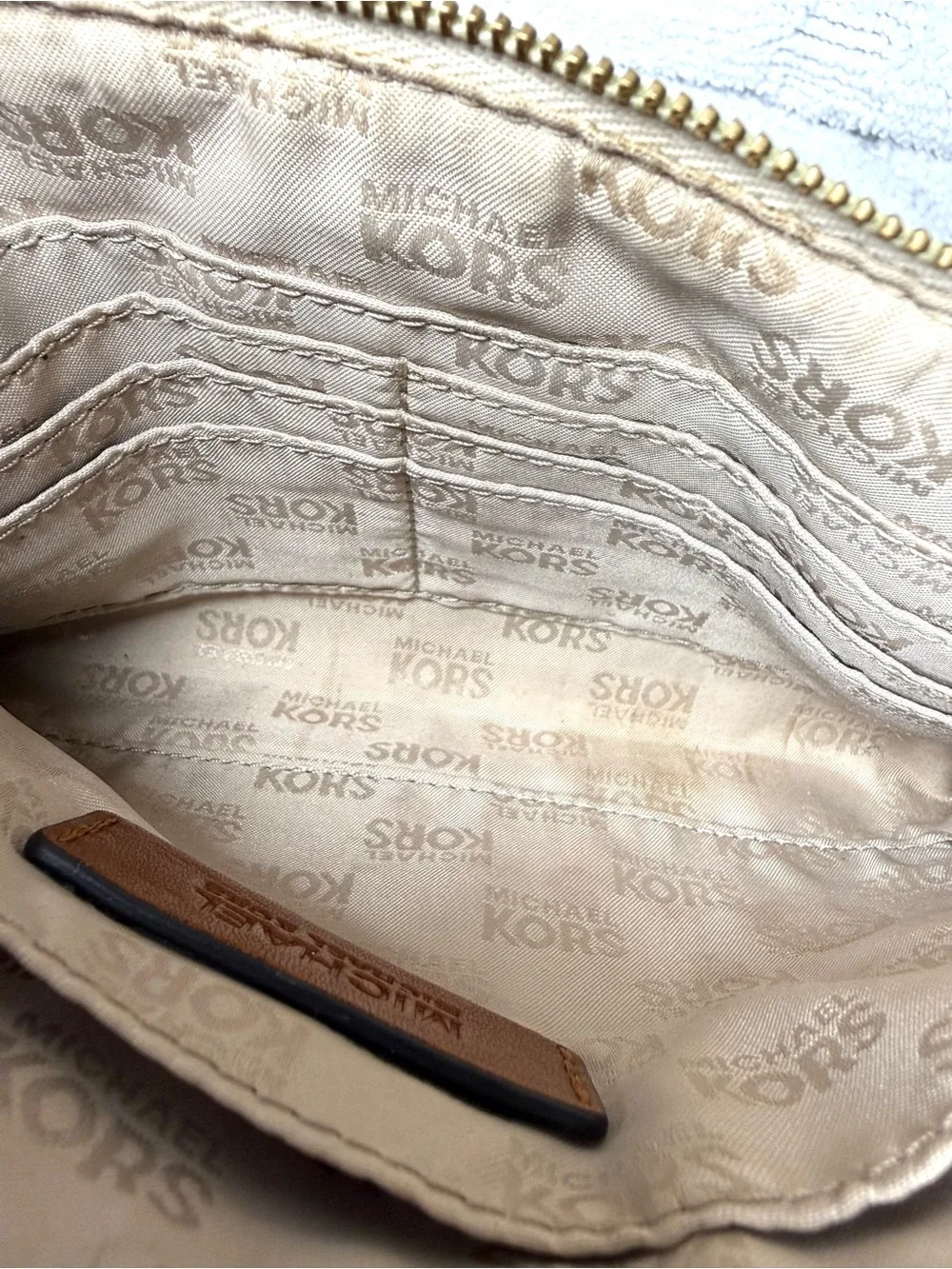 Michael Kors Vanilla MK Signature Wristlet Brown Trim Gold Logo Clutch